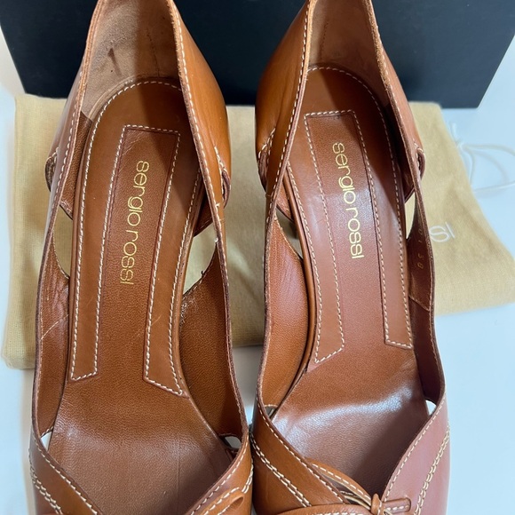 Sergio Rossi Tan Leather Pointed Toe High Wooden Stiletto Heels - Picture 5 of 15